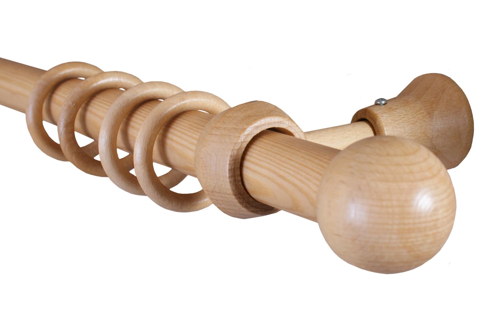 iso-design Holz Gardinenstange mit Endstück Kugel Farbe Eiche hell, 28 mm Durchmesser, Gardinenstange mit Gardinenringen 260 cm (mittig geteilt)