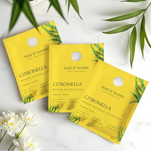 Image of Soul & Scents Citronella Fragrance Sachet | Uplifting Blend of Lemon, Citronella & Herbs | Long-Lasting Air Freshener for Car, Wardrobe, Kitchen, and Travel Bag | Pack of 3-20gm Each