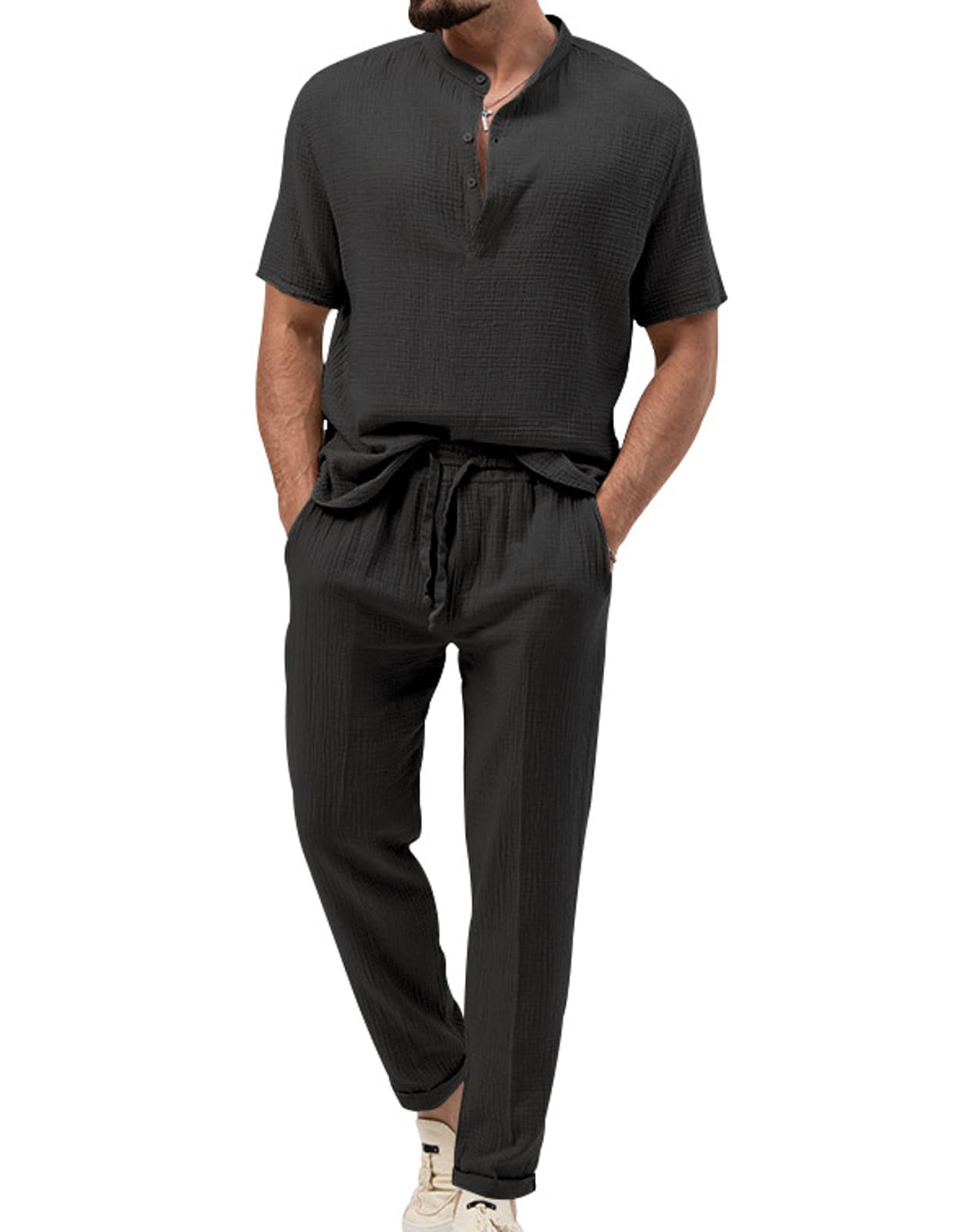 NakeahMen's Casual Two Piece Set Summer Solid Color Simple Short Sleeve Henley Tshirt And Pants 2pcs Set