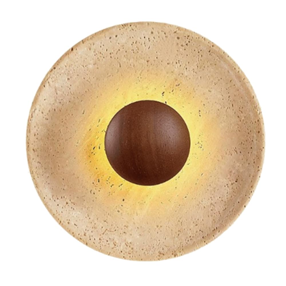 SHUANGZ 10in Circular Natural Stone Wall Sconce Wabi-Sabi Art Lighting Fixture,Nordic Atmosphere Decoration Wall Light Mounted Fixture Lamp Yellow Travertine Japanese Natural Stone Bedside Light