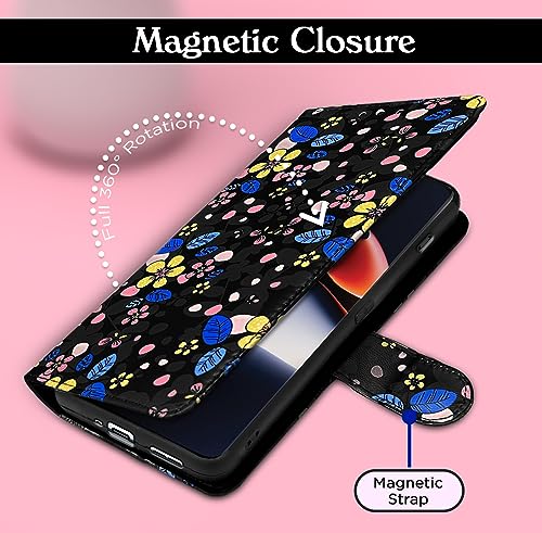 Image of Pikkme OnePlus 11R 5G Flip Cover for Girls Leather Finish | Inside TPU with Card Pockets | Wallet Stand and Shock Proof | Complete Protection Flip Case (Black Flower)