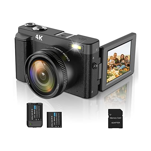 4K Digital Camera for Photography 16X Zoom Anti-Shake Vlogging Camera with Flash 48MP Video AutoFocus Camera with 180°Flip Screen Compact Travel Camera with 2 Batteries 32GB Memory Card for Beginner