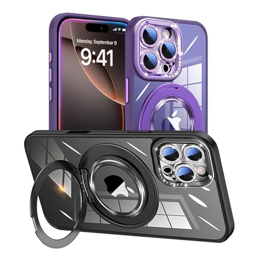 Damesine iPhone 16 Pro用ケース クリア 薄型 シリコン耐衝撃MagSafe対応 360°マグネットリングスタンド キラキラなカメラカバーレンズ保護2 in 1 防塵ネット付き 可愛いアイフォン16プロケース ディープパープル