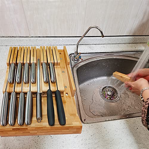 Niuxx In-Drawer Knife Block With 16 Knives, Bamboo Knife Organizer For Steak Knives, Chef Knives And Sharpener, Cutlery Holder With Detachable Knife Slots, Premium Kitchen Knives Set For Home #TOP6