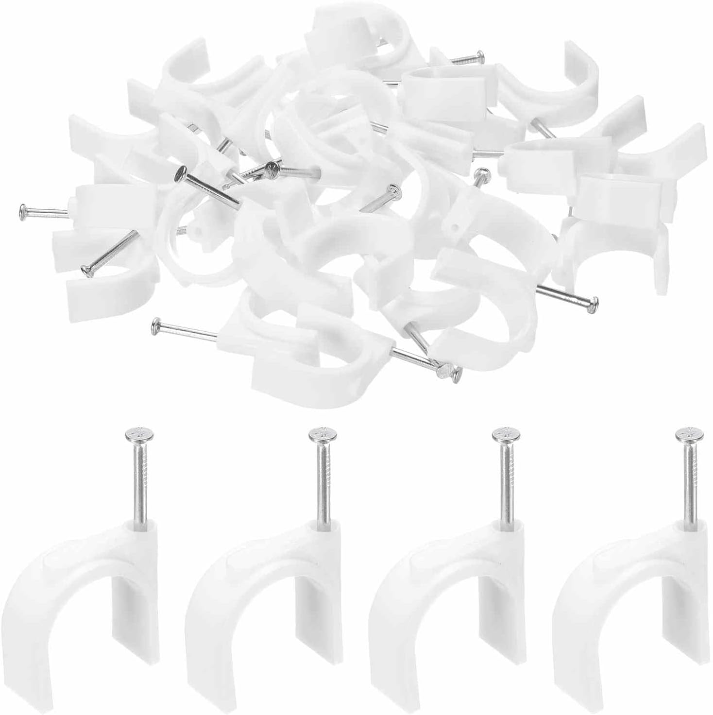 HARFINGTON 100 clips de cable de 0.984 in de media abrazadera en J con clavo circular de un solo clavo en clips de alambre de cable en la pared para