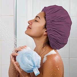 Reusable Shower Cap for Women, Large Waterproof Shower Essentials Bonnet Washable Elastic Band Bath Hair Wrap Hat for Long Hair, Braids(Leather Purple)