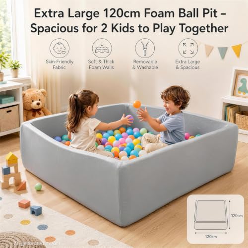 FUBOTRAD Square Soft Ball Pool – Extra Large Foam Ball Pit for Toddlers High-Density Foam, 120cm(47.24 inches) Square Play Area,Indoor/Outdoor use for Toddlers 3+,Grey by FUBOTRAD - Used condition - Image 2