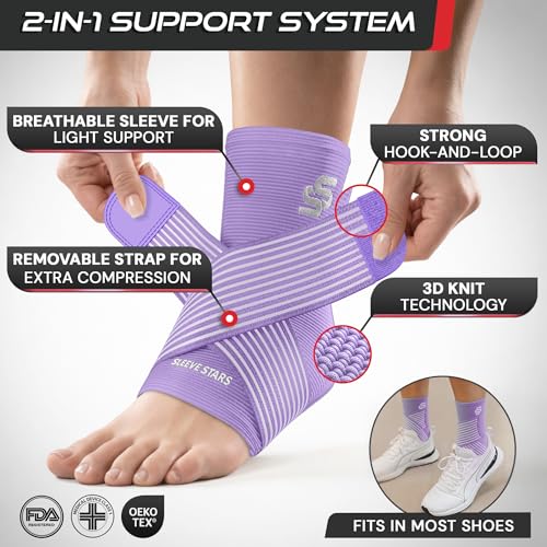 Image of Sleeve Stars Ankle Brace for Women & Men, Ankle Wrap for Sprained Ankle, Compression Sleeve for Plantar Fasciitis Relief, Easy Customizable Support: w /Removable Strap (Pair /M:10 inch-12 inch /Light Purple)
