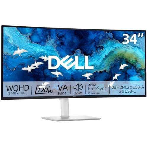 Image of Dell 34 inch WQHD Curved Monitor, 120 Hz, VA Panel, AMD FreeSync Premium, HDR10 | 99% sRGB, 3000:1 Contrast, Integrated 2x5W Speaker, Eye Comfort, HDMI /USB-C&A, VESA Mount, Height|Tilt Adjustment, White