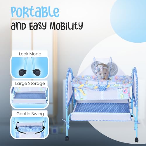 Image of FLIPZON Baby Cradle with Mosquito Net & Lockable Wheels | Foldable Baby Jhula /Palna with Storage Basket & Soft Mattress | Portable Newborn Baby Bed Crib for Infants (Blue)