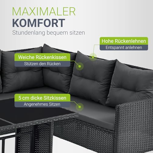 Juskys Polyrattan Lounge Manacor mit Ecksofa, Esstisch, 2 Hocker & Kissen - wetterfest bis 7 Personen - Bezüge waschbar - Rattan Garten Sitzgruppe Gartenlounge Gartenmöbel Set - Schwarz/Grau