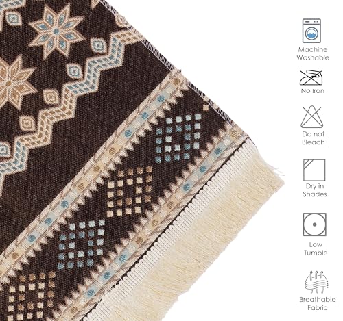 Image of Elegant Woven Brown Sofa Cover - Soft Chenille Traditional Pattern with Lace Style | L-Shape Sectional Seat Protector for Living Room | Durable & Stylish Slipcover 2 Seater Sofa