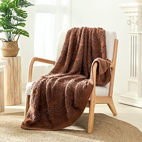 Snuggle Sac Pom Pom Knitted Throw Blanket - Reversible Stripe Soft Cozy Warm Gift for Bed Couch Sofa 50"x60" (Brown) Cover