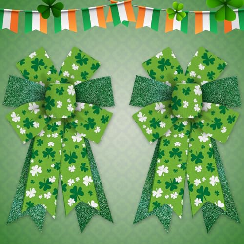 Threetols 2 Pack St. Patrick's Day Wreath Bows, Green Lucky Clover Bows for Wreath Irish Holiday Green Glitter Shamrock Decoration Bows for Indoor Outdoor Holiday St Patricks Party Decor