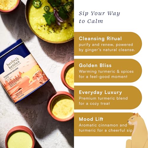 Image of Herbs & Kettles Cleansing Golden Latte | 1.76 oz Turmeric Golden Milk Blend for Detox, Gut Health & Daily Wellness | Rich Superfood Latte with Warming Spices | Nourishing Caffeine-Free Drink Mix | Delicious Hot or Iced