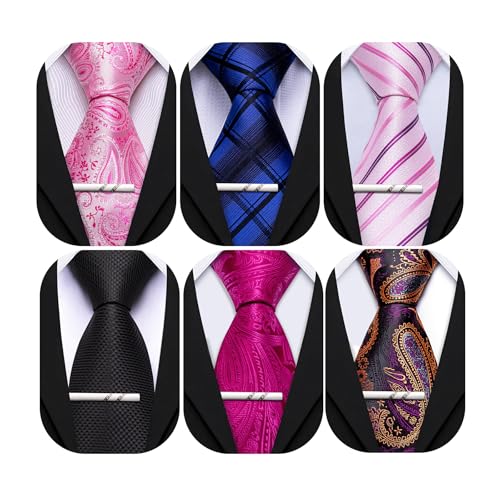 Image of Barry.Wang Mens 6 PCS Ties Silk Striped Paisley Check Floral Necktie Silky Woven Wedding Business Party Ties 3.34 inch
