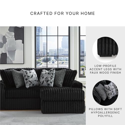 Image of Signature Design by Ashley 2-Piece L-Shaped Sectional Couch, Black | 100% polyester jumbo corduroy, Right-arm facing chaise, Living room use, 6 accent pillows included, Midnight-Madness Series