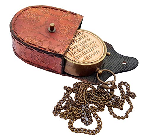 Brass Nautical Thoreau's Go Confidently Embossed Solid Brass Compass with Leather Case - Image 2
