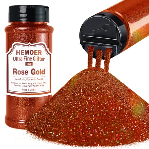HEMOER Oro Rosa Purpurina holográfica ultrafina 140g, Purpurina en polvo iridiscente metálica para Manualidades, Vasos, Resina, artes de pintura, Epoxi, Cosméticos