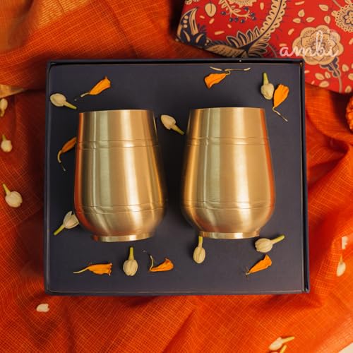 Image of Gift Set of 2 Lead Free 100% Pure Kansa Heavy Damru Glass - 330 ml Each | Festival Gift Box, Diwali Gifting, with a Beautiful Box | Gift Hamper