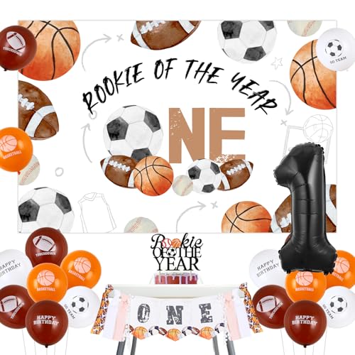Funmemoir Sports 1st Birthday Party Decorations - Rookie of the Year Backdrop, Sports Themed High Chair Banner, Cake Topper, Foil Balloon for Boys Rookie Year First Birthday Decorations