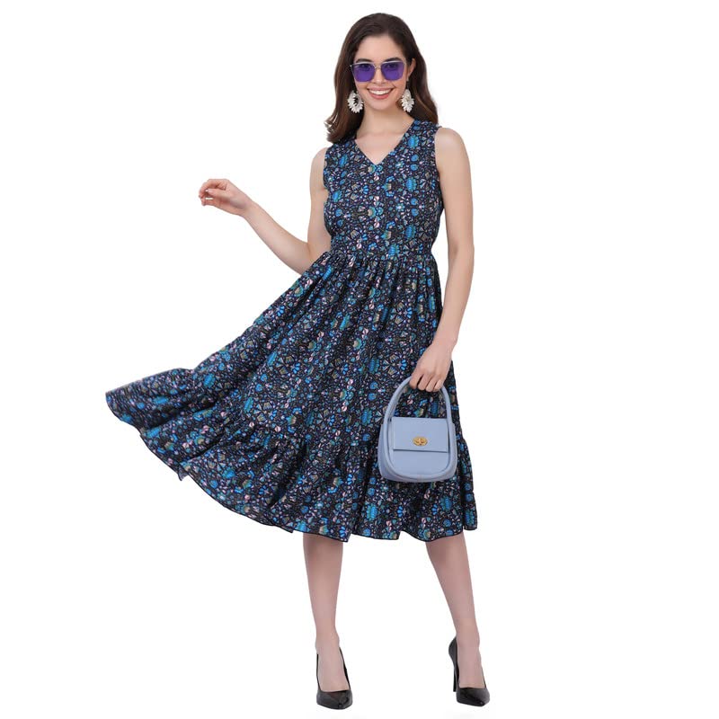 Image of Women's Crepe A-Line Knee Length Dress | Western Sleeveless Dress for Girls | Flared Frock | Frill Midi | Knee Gown