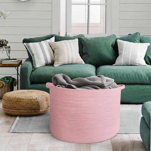 Image of MEGASKET Extra Large Pink Basket, 22 inchx22 inchx14 inch Woven Cotton Rope Bin with Handles, Blanket Storage for Living Room, Baby Kids Toy Storage Bin Box, Wicker Laundry Basket, Pink Room Decor Organizing