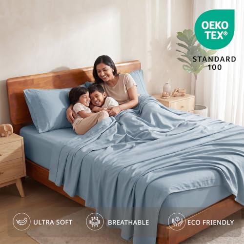 Image of LANE LINEN 100% Organic Cotton Bedsheet for King Size Bed - French Blue | GOTS Certified, Percale Weave, 108x108 inches, Soft & Breathable, Machine Washable, Includes 2 Pillow Covers