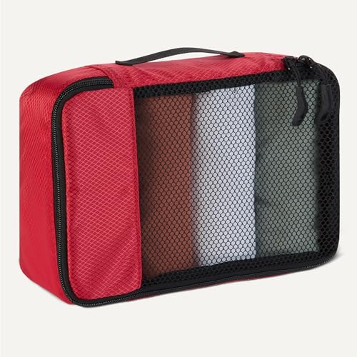 Image of Amazon Essentials 4-Piece Space-Saving Packing Cubes Travel Accessories Set, Luggage Organizer with Double Zipper, Mesh Top, Small, Red (Previously Amazon Basics)