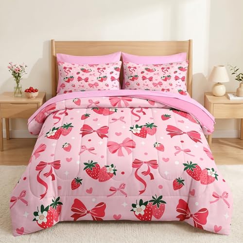 Image of Nesker Bow Comforter Set Twin Size, 5 Pieces Bed in a Bag, Pink Bow Bedding Set for Girls, Kawaii Strawberry Comforter Set with 1 Pillowcase & 1 Sham