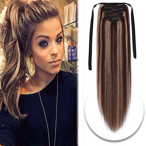 Human Hair Ponytail Extensions Drawstring Tie Up Pony Tails One Piece Straight 20 Inch Wrap Around Binding Ponytail Hairpiece #4/27 Medium Brown Mix Dark Blonde