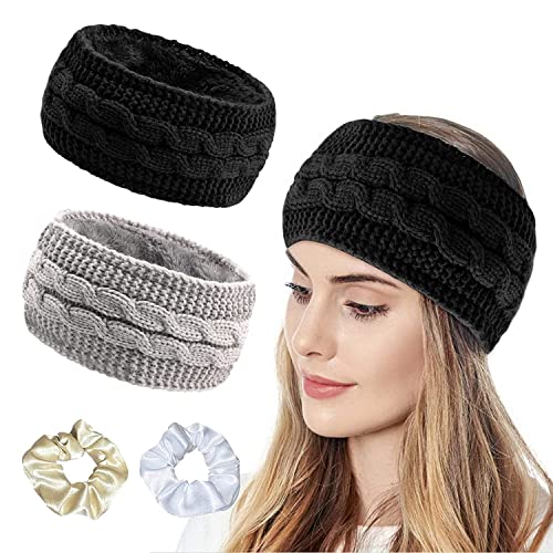 Stirnband Damen Winter, 2 Stück Stirnbänder Strick Mädchen Winter Gefüttert mit Fleece, Kopfband Haarbänder Elastische Ohrenwärmer Verdicken (Schwarz + Grau) Cover