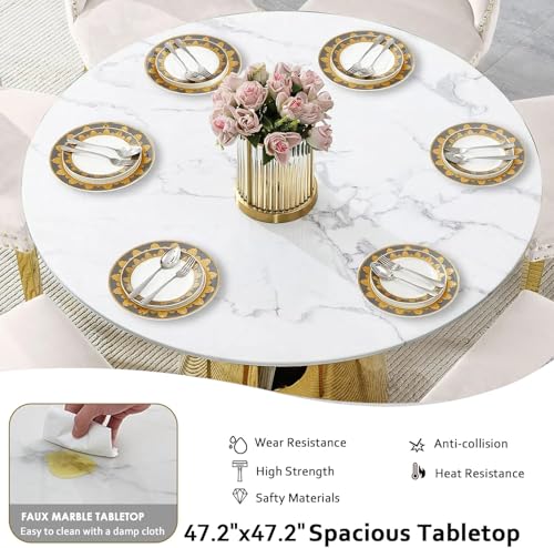 Image of 7-Piece Round Dining Table Set for 6, Modern Faux Marble Kitchen Table and Beige Velvet Chairs Set of 6, Luxury 45 inch Circle White Gold Dining Room Tables with Stainless Steel Base