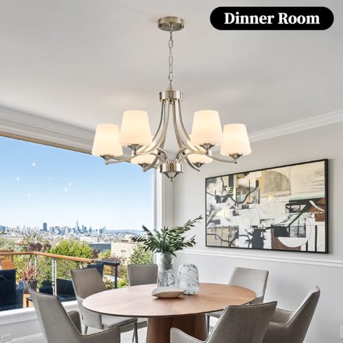 Image of 6-Light Brushed Nickel Chandeliers for Dining Room with Frosted Glass Farmhouse Silver Ceiling Hanging Lighting Fixtures Classic Pendant Lamp for Living Room,Dining Table,47.2 Height Adjustable