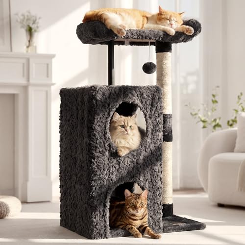 FUKUMARU Cat Tree, 36.2in Luxury Plush Cat Tower with Two Caves, Multi-Level Cat Condo with Sisal Scratching Post, Adult Cat Tree Towers for Indoor Cats with Top Perch, Medium Heavy Duty Kitten House
