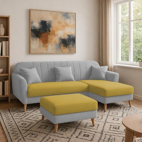 Image of Atticus RHS 4 Seater L Shape Sofa Set with Ottoman for Living Room (Yellow Grey Fabric) Premium Fabric Sofa Set