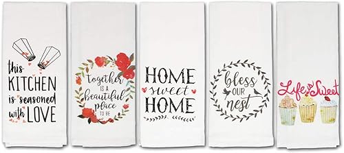 fillURbasket Lindo juego de toallas de cocina divertidas con refranes inspiradores para el hogar, familia, amor y horneado, 5 toallas de saco de