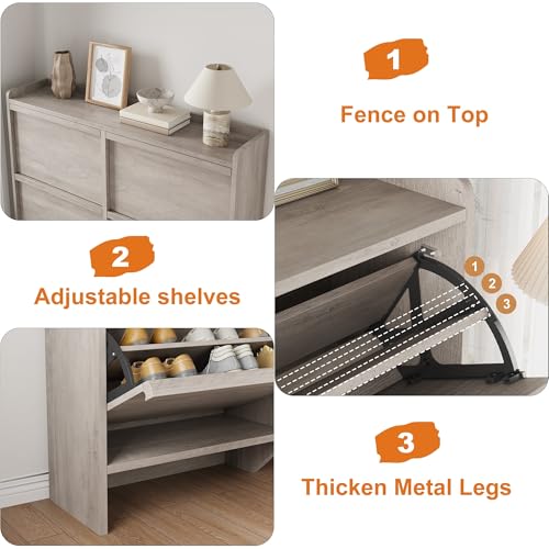 GarveeHome Shoe Cabinet with 4 Flip Drawers, Wooden Shoe Organizer Cabinet with Adjustable Shelf, Shoe Storage for Entryway, Hidden Shoe Cabinet for Hallway, Living Room, Grey