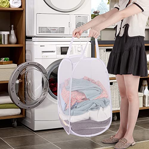 Image of BATTOO Deluxe Strong Mesh Pop up Laundry Hamper Basket with Side Pocket Foldable Hamper for Laundry Room, Bathroom, Kids Room, College Dorm or Travel Grey + White