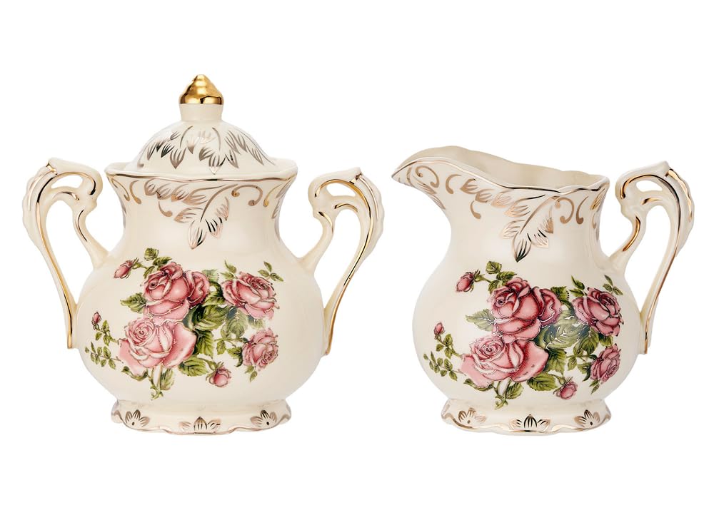 RockTrend Golden Edge Retro Flower Ceramic Creamer and Sugar Bowl Set, Cream Pitcher Coffee Serving Set-Red