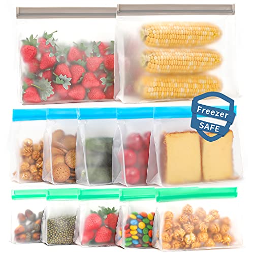Reusable storage bags, 12 Pack Reusable Freezer Bags (5 Reusable Sandwich Bags, 5 Reusable Snack Bags, 2 Reusable Gallon Bags) Stand Up BPA Free Leakproof Silicone Bags for Food Meat Fruit Veggies