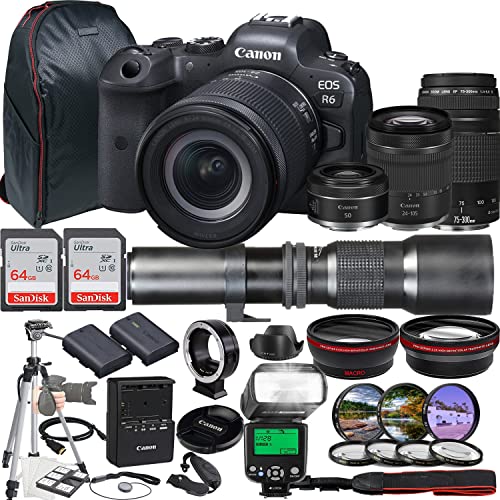 Canon EOS R6 Mirrorless Camera w/RF 24-105mm f/4-7.1 is STM + EF 75-300mm f/4-5.6 III + RF 50mm f/1.8 STM + 500mm f/8 Focus Lenses + 2X 64GB Memory + Case + Filters + TTL Flash + More (35pc Bundle)