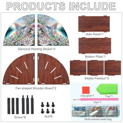 Image of Elegant Butterfly & Floral Diamond Painting Storage Box - Curved Multi-Compartment Wooden Organizer with DIY Diamond Art Decoration for Adults