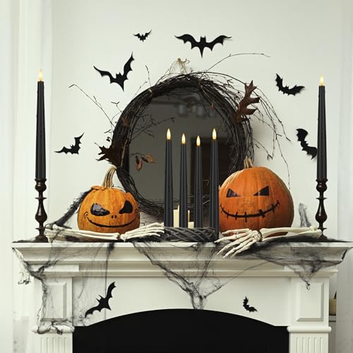 Image of Halloween Flameless Taper Candles with Remote, Black Battery Operated Candles, 9.6 inch Real Wax Flickering Led Candlesticks for Halloween, Home, Wedding, Party, 3 Pack