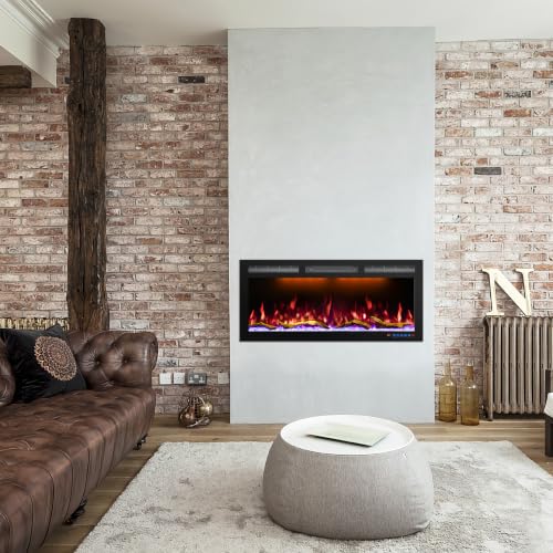 Image of 36 inch Electric Fireplace, Recessed /in-Wall or Wall Mounted, 80-90 inch Linear, Ultra-Narrow Frame, WiFi App + Alexa, 6 Flame & 13 Ember Colors, Log & Crystal Media, 1500W Heater