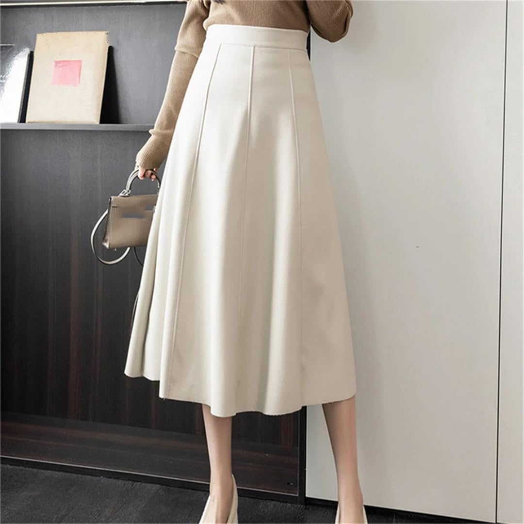 Otoño Invierno Mujeres PU Cuero Faldas Elegante Sólido Patchwork Cintura Alta A-Line Midi Falda