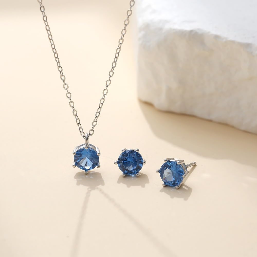 Halskette Silberschmuck Sets für Frauen, Zirkonia -Anhänger und Geburtssteinen Ohrringe Set Braut Hochzeit Brautjungfer Damen Geschenkschmuck Schmuck