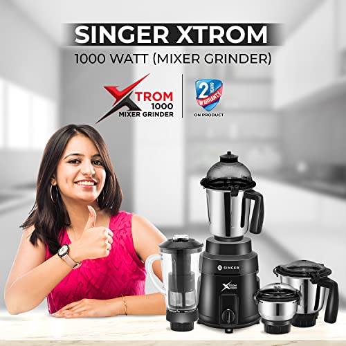 Image of Singer Xtrom Mixer Grinder 1000 Watts 4 Jar includes 3 Stainless Steel Jar, 1 Transparent Jar with Fruit Filter - Black