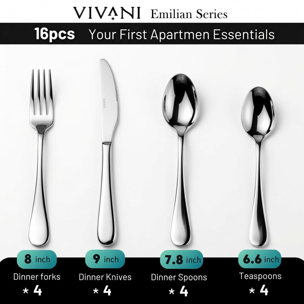 V002 - Pack Juego de cubiertos de acero inoxidable de VIVANI para 4 piezas, Set utensilios de vajilla para bodas, fiestas, hogar, cocina, restaurante, hotel, acabado espejo, apto para lavavajillas