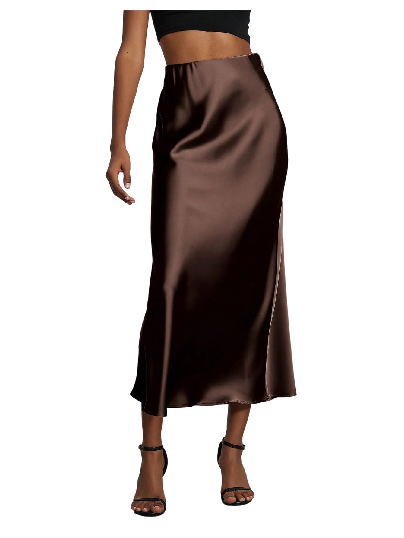 SOLY HUX Womens Elegant Satin Skirts High Waisted Flared Casual Work Office Fishtail Midi Skirt